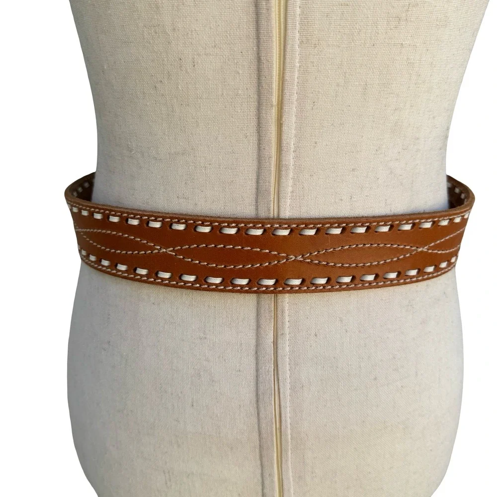 Gilles Herve Paris Tan Leather Whipstitch‎ Western Belt Made in France Size 80